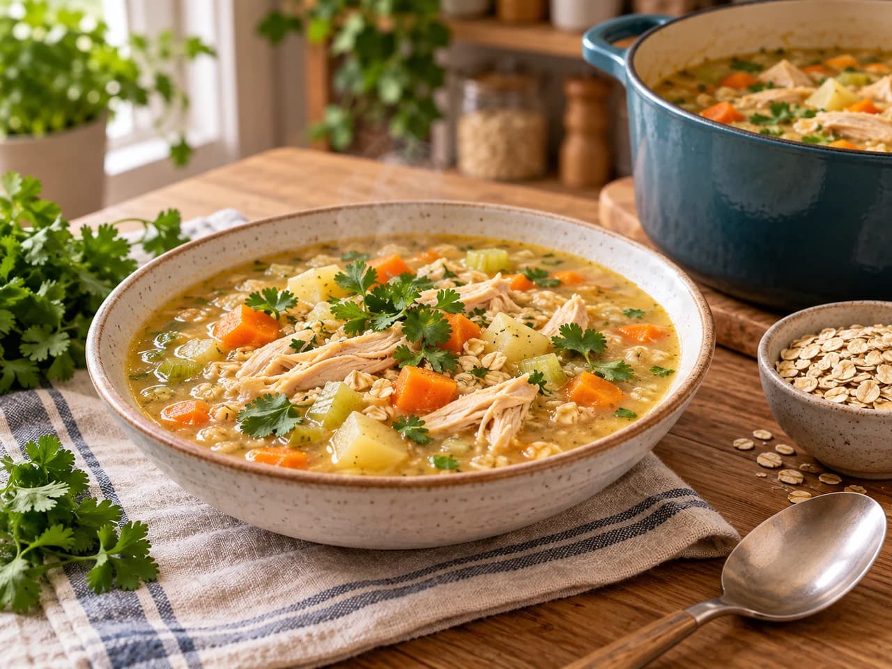 Plato hondo de cerámica con sopa de pollo, verduras y avena decorada con cilantro, junto a una cuchara, un cuenco de avena y la olla al fondo.