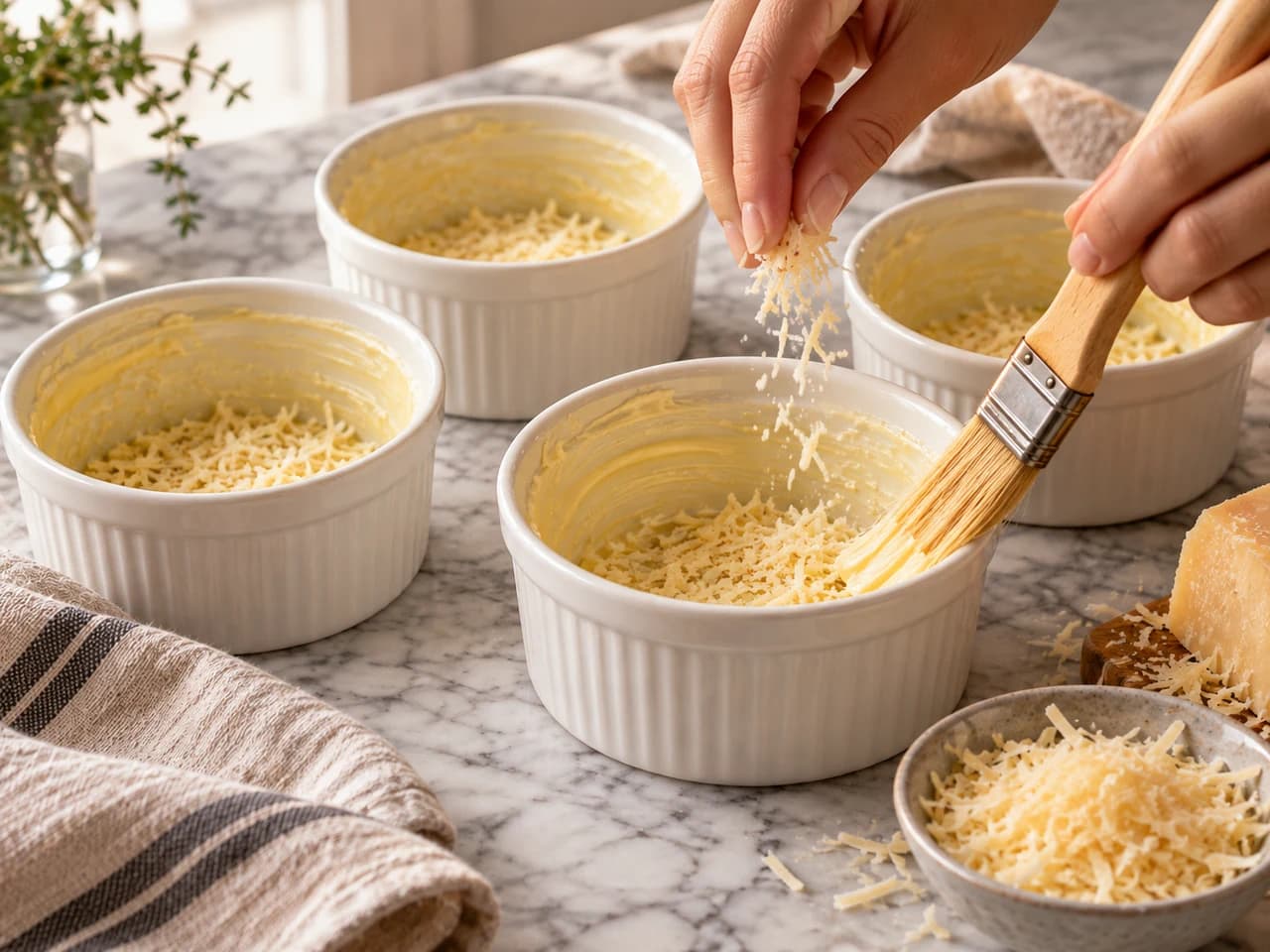 Hand brushing white ceramic ramekins with butter and sprinkling grated Parmesan, next to a bowl of cheese and a wedge of Parmesan.