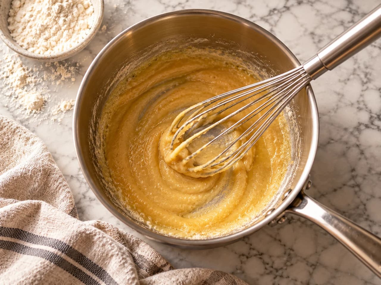 Stainless steel saucepan with butter and flour being whisked into a pale golden, foamy roux.
