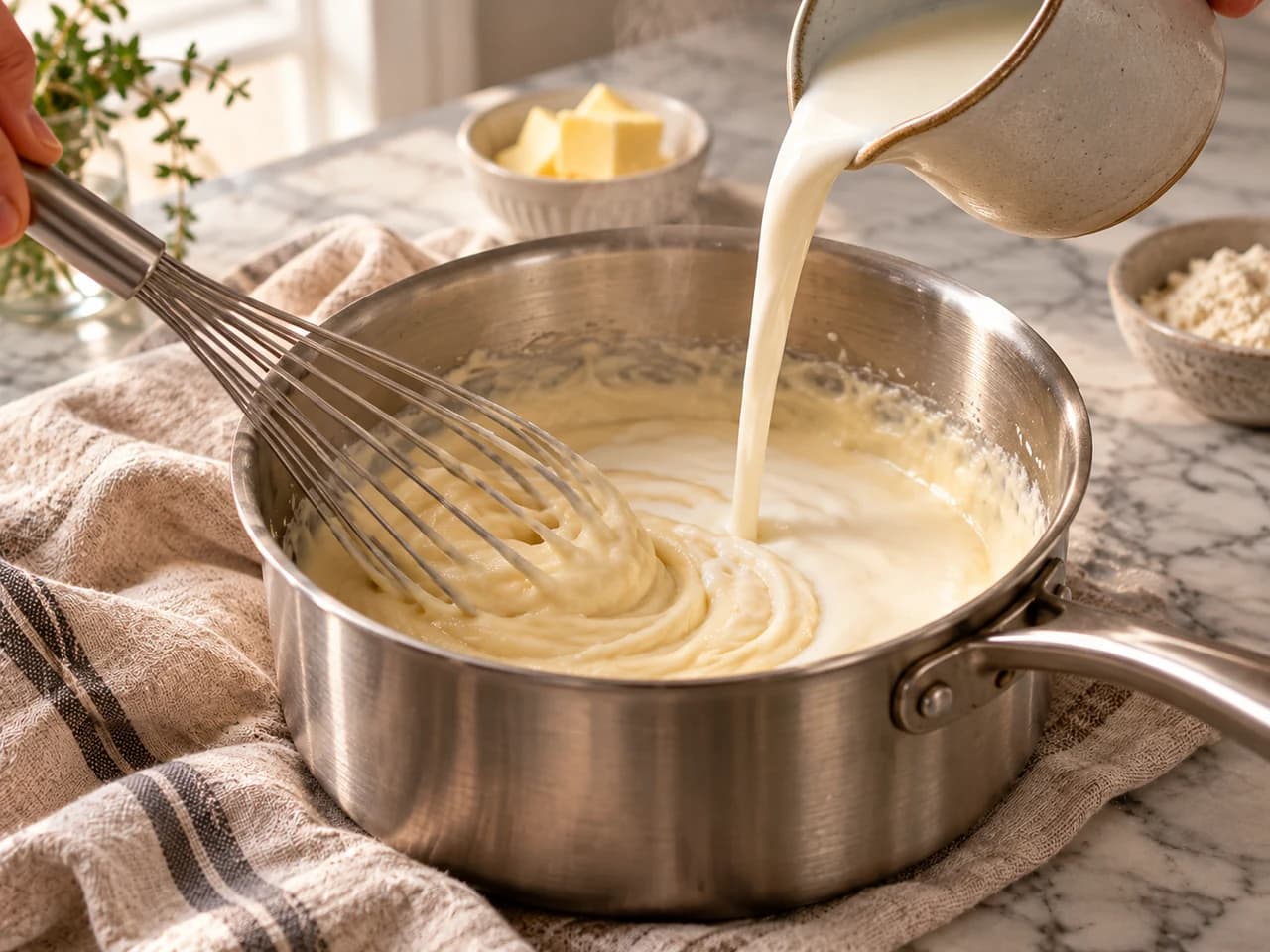 Milk pouring from a jug into a saucepan while a whisk turns the roux into a smooth, thick béchamel.