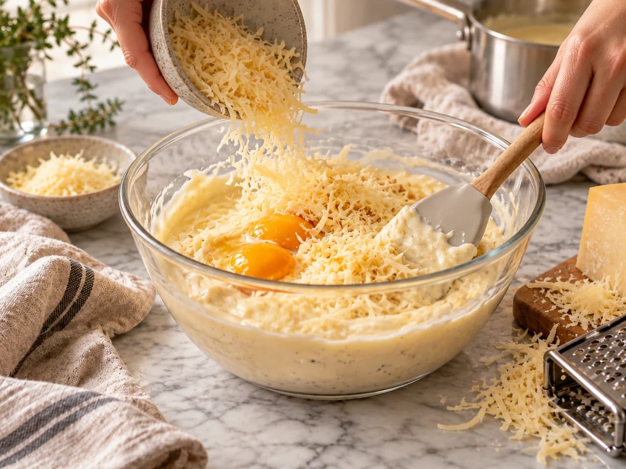 Glass bowl with béchamel, egg yolks and grated Gruyère falling from a bowl while being mixed with a spatula, next to a grater.