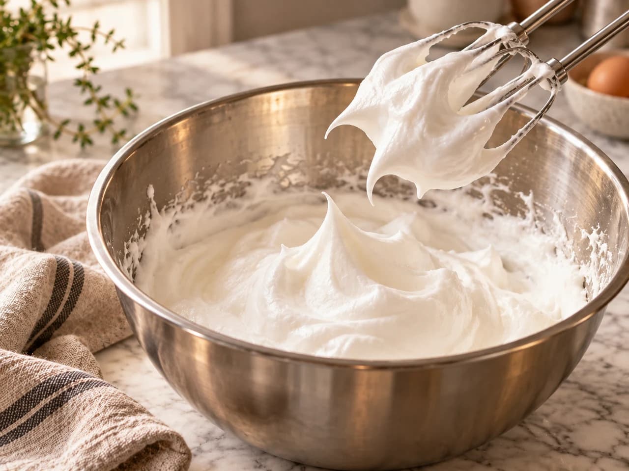 Electric mixer beaters lifting stiff, glossy whipped egg whites in a stainless steel bowl.