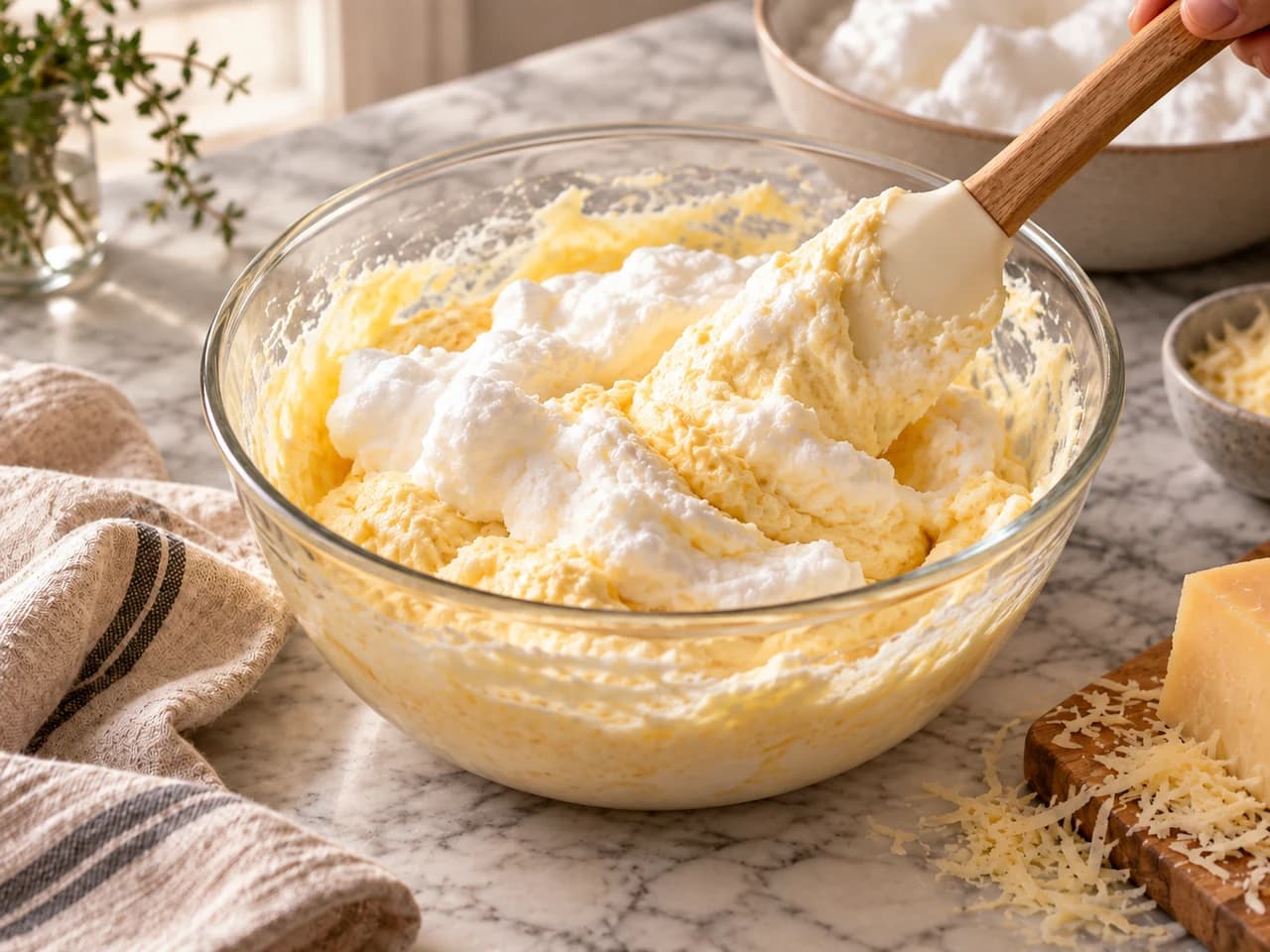 Spatula folding whipped egg whites into the yellow cheese base in a glass bowl.