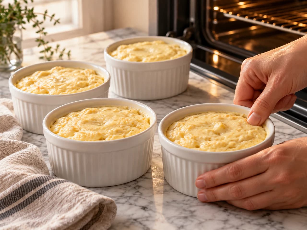 Hands running a thumb around the rim of a ramekin filled with soufflé batter, with three more ramekins and the open oven behind.