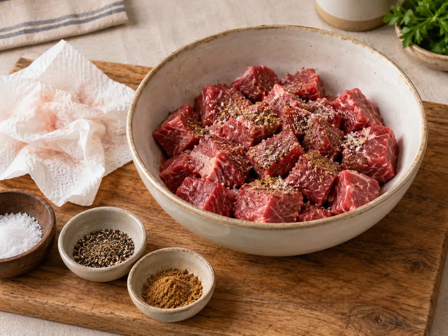 Sudado de carne: Rindfleischeintopf mit Kartoffeln und Gemüse: Fleisch trocknen und würzen
