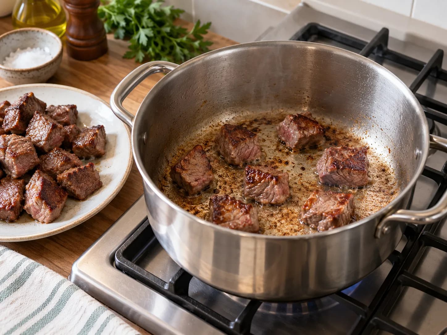 Sudado de carne: Rindfleischeintopf mit Kartoffeln und Gemüse: Fleisch portionsweise anbraten