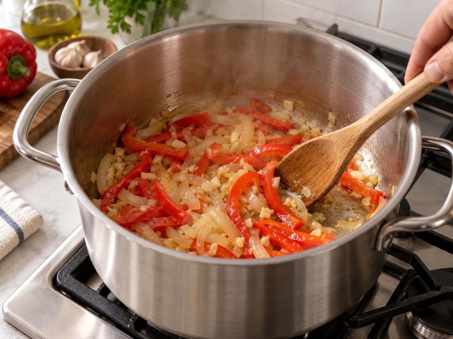 Sudado de carne: Rindfleischeintopf mit Kartoffeln und Gemüse: Zwiebel, Knoblauch und Paprika anschwitzen
