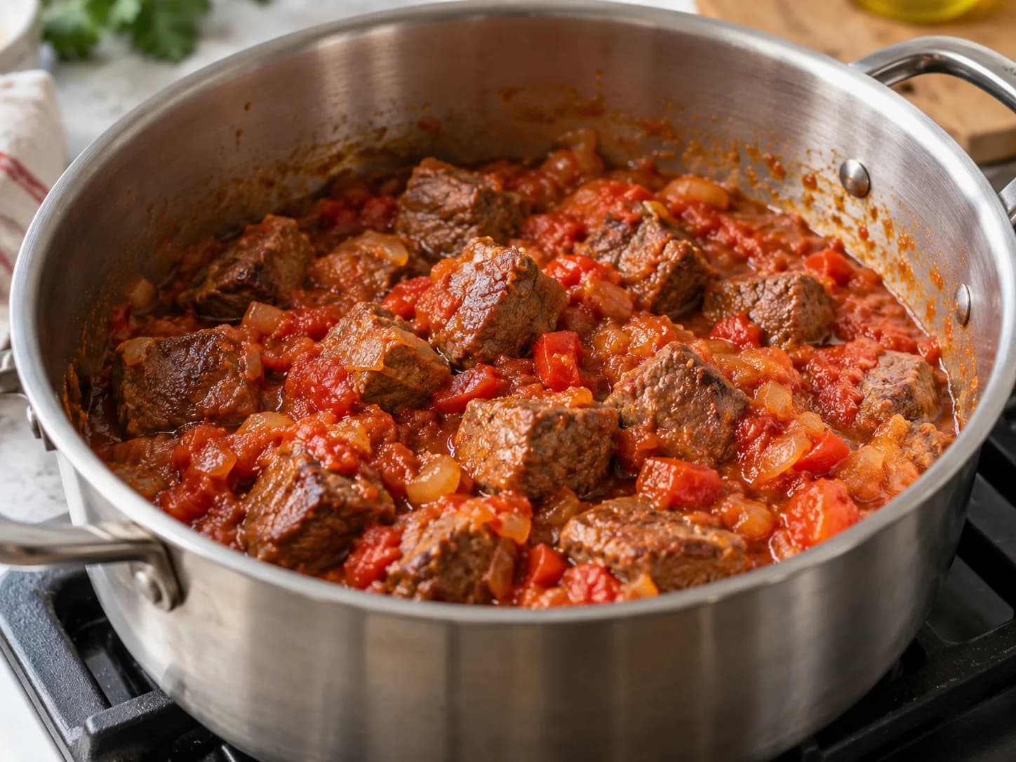 Sudado de carne: Rindfleischeintopf mit Kartoffeln und Gemüse: Tomaten zugeben und Fleisch zurück in den Topf geben