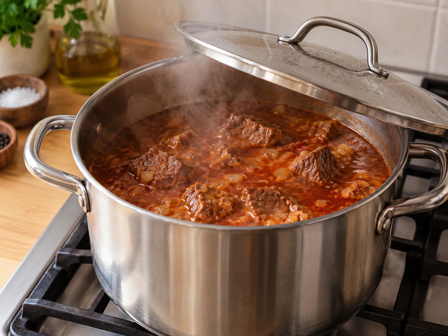 Sudado de carne: Rindfleischeintopf mit Kartoffeln und Gemüse: Fleisch bei niedriger Hitze schmoren