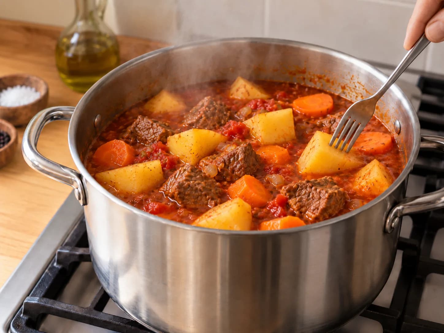 Sudado de carne: Rindfleischeintopf mit Kartoffeln und Gemüse: Karotten und Kartoffeln zugeben
