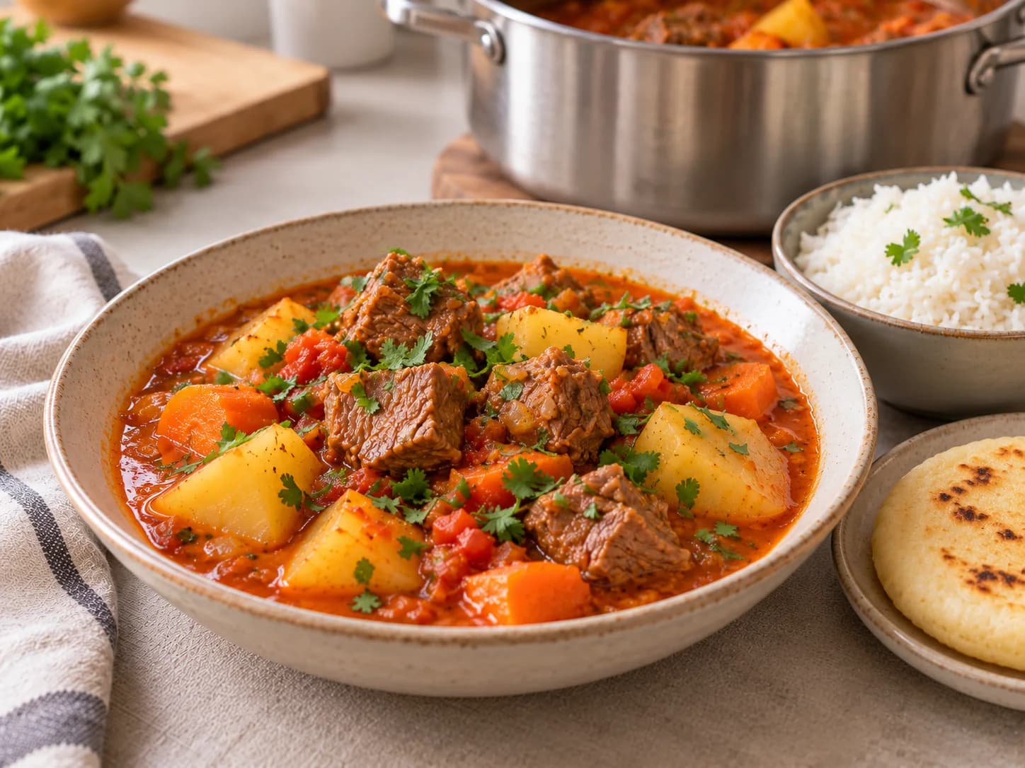Sudado de carne: Rindfleischeintopf mit Kartoffeln und Gemüse: Ruhen lassen, abschmecken und servieren