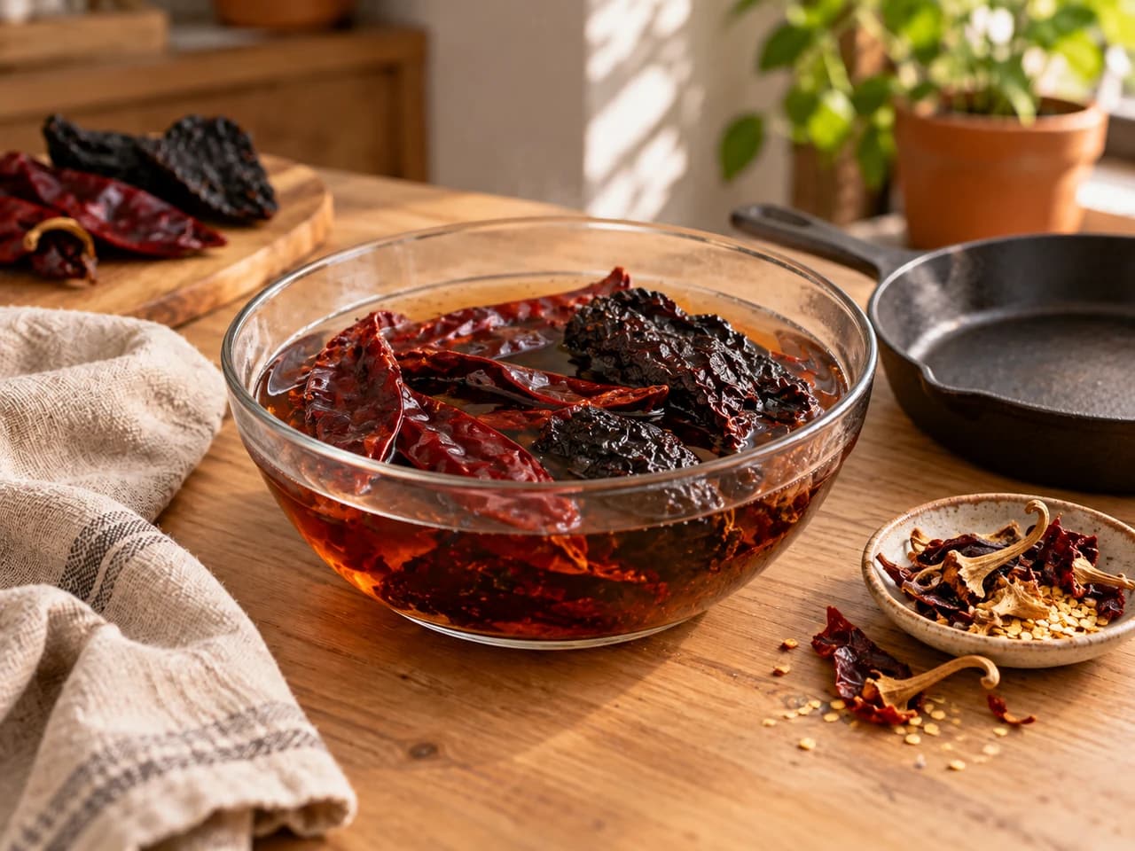 Tigela de vidro com pimentas guajillo e ancho secas, sem sementes, de molho em água quente que fica vermelha.