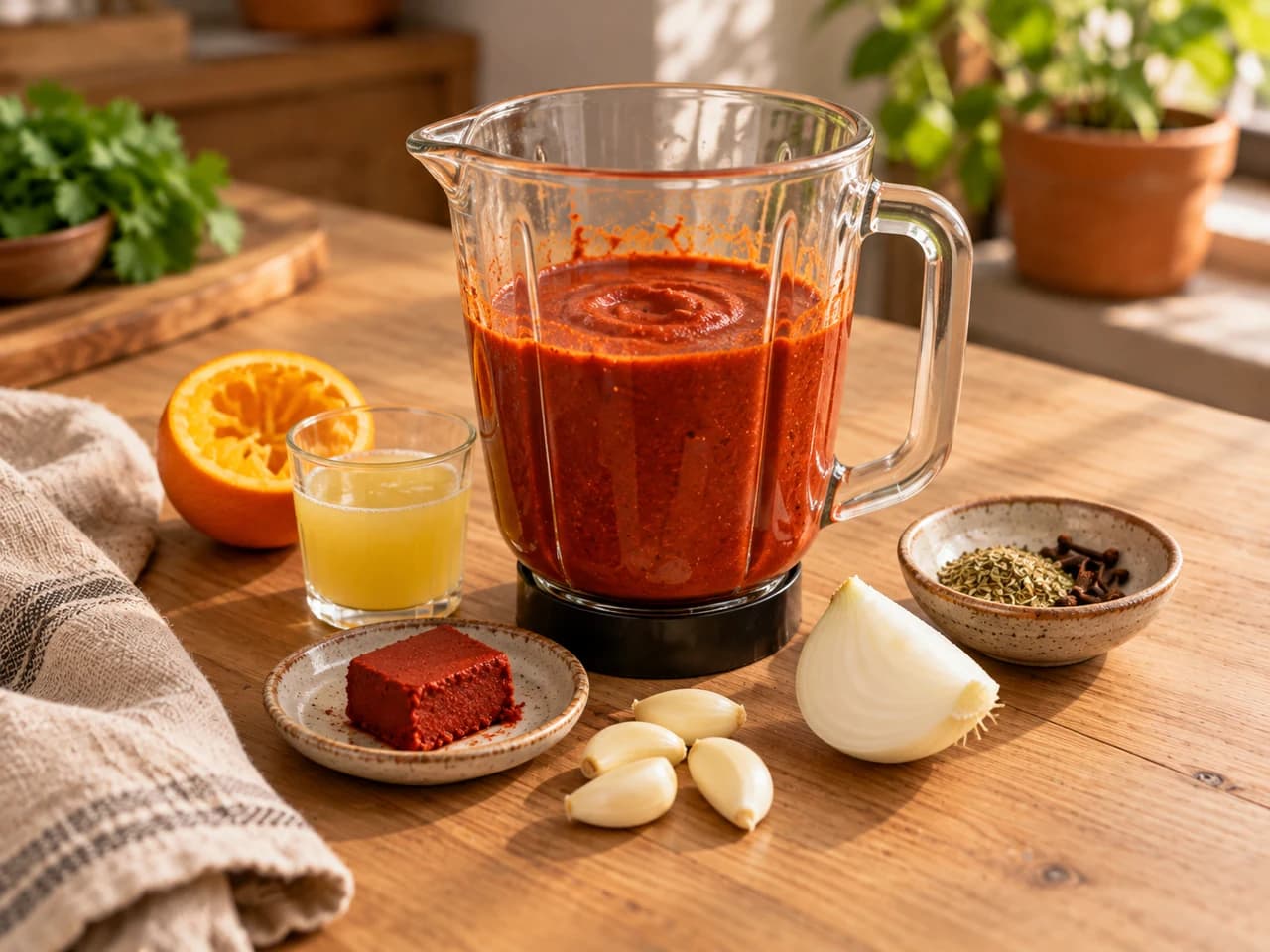 Copo de liquidificador com adobo vermelho e espesso, cercado de pasta de urucum, alho, cebola, meia laranja e suco de abacaxi.