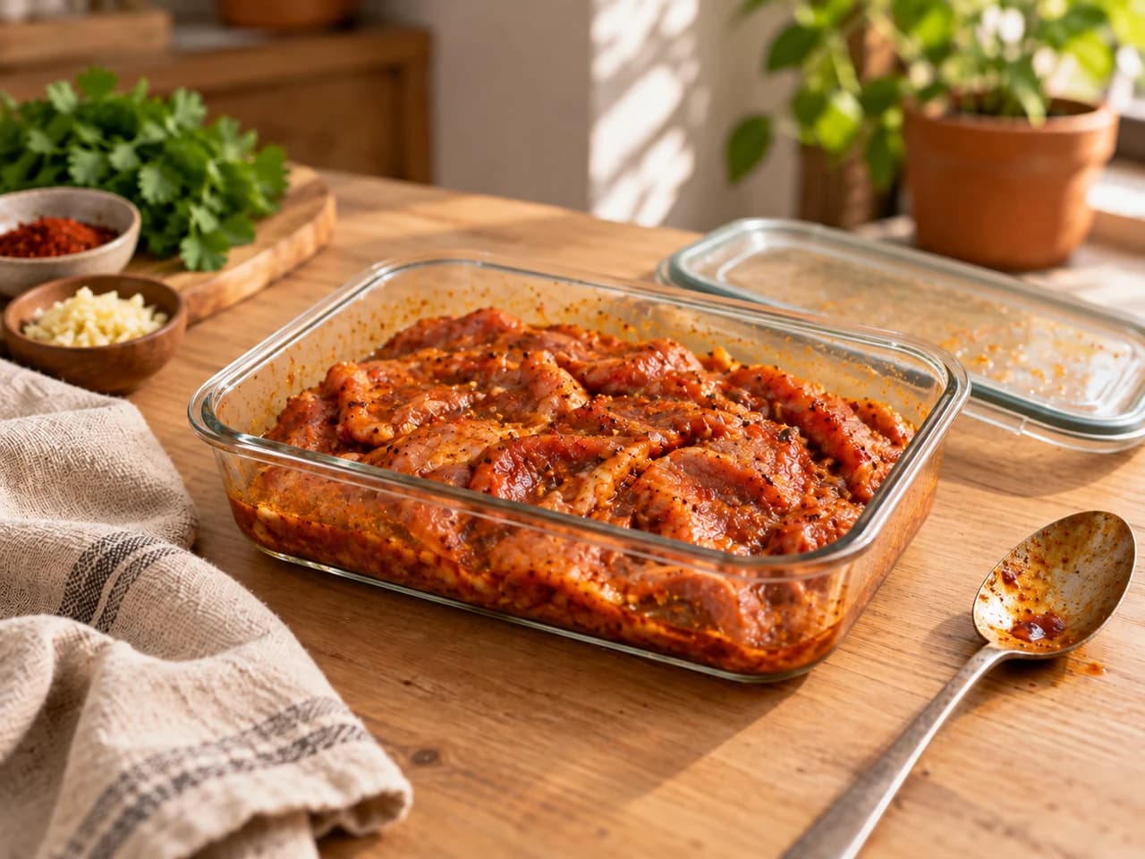 Recipiente de vidro com fatias finas de porco cru cobertas de adobo vermelho-alaranjado.