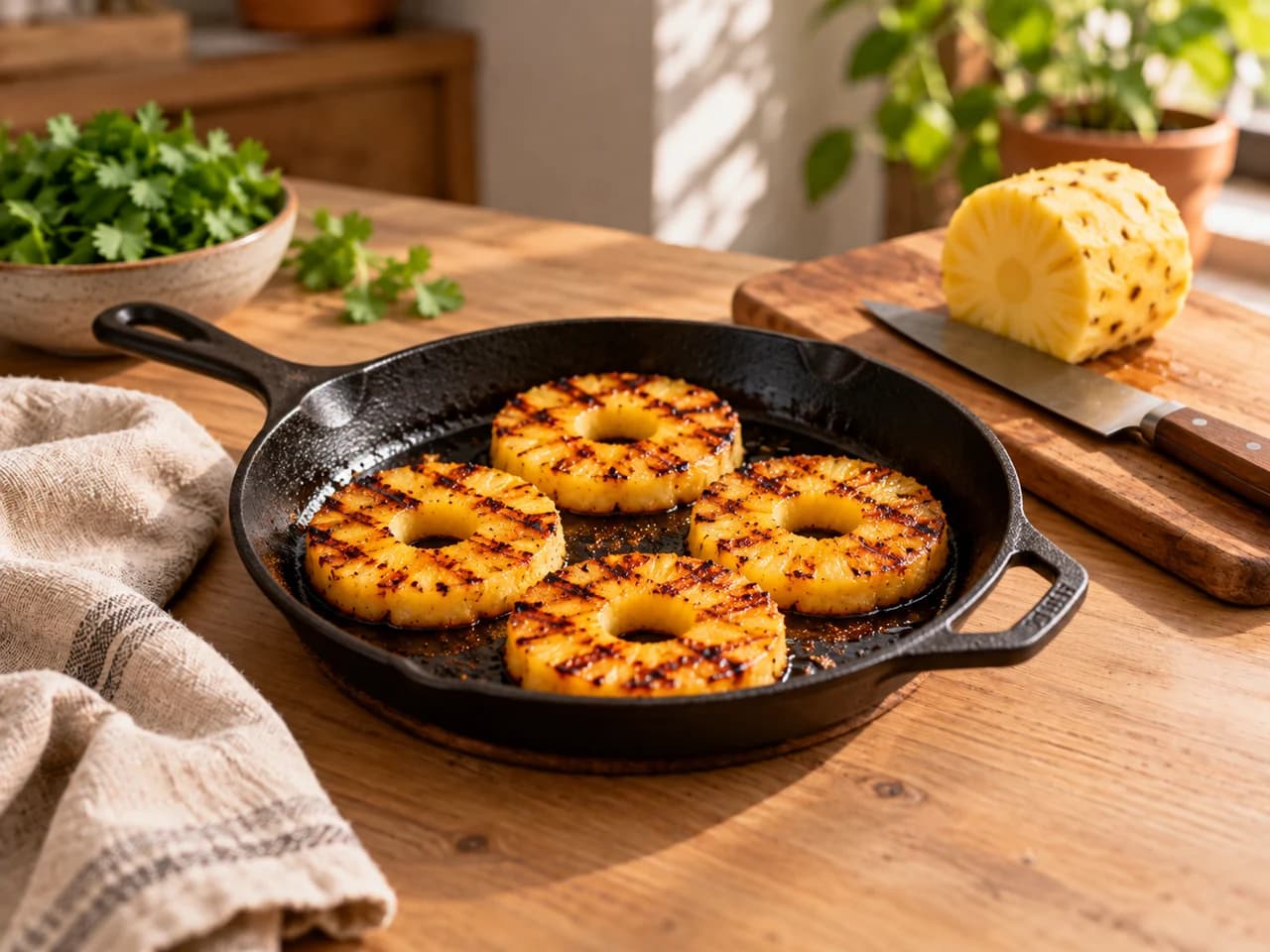Frigideira de ferro preta com rodelas de abacaxi douradas e caramelizadas, ao lado de meio abacaxi descascado.