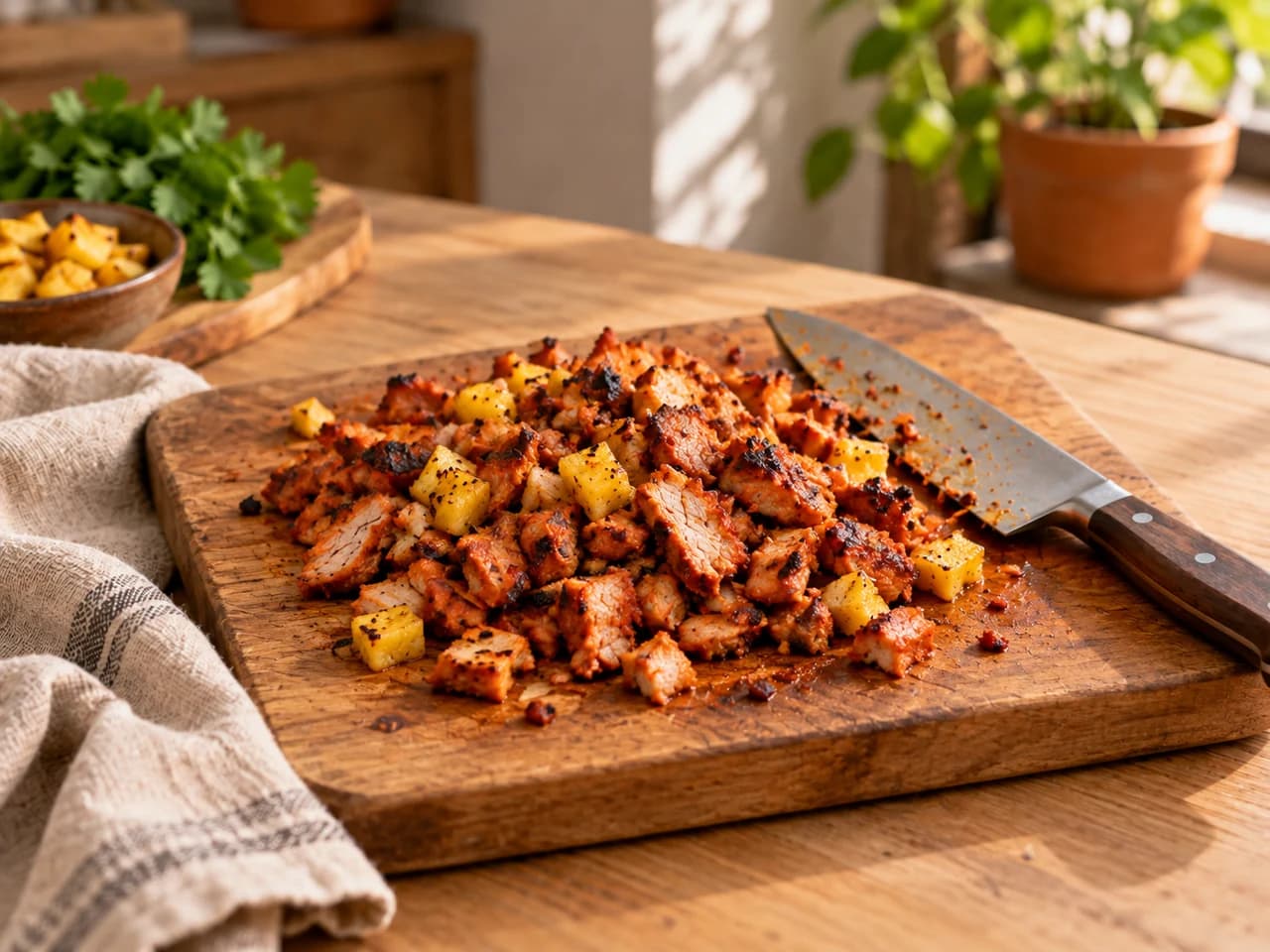Tábua de madeira com carne al pastor picada, misturada com cubinhos de abacaxi grelhado, e uma faca de chef.