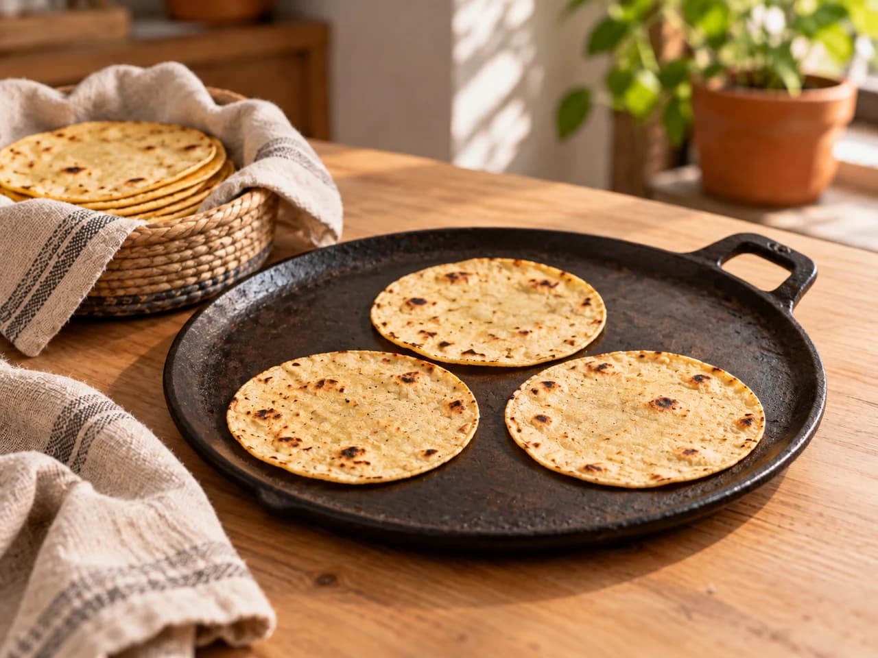 Comal de ferro com três tortilhas de milho levemente tostadas e outras tortilhas enroladas num pano de linho ao lado.