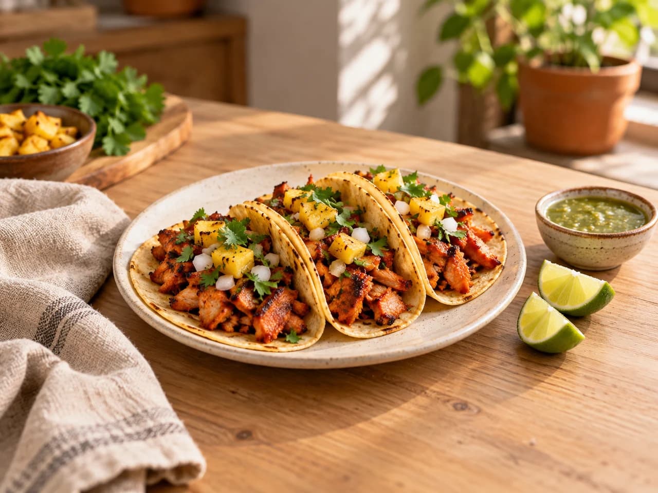 Prato com três tacos al pastor com abacaxi, cebola e coentro, gomos de limão e uma tigela de molho verde.