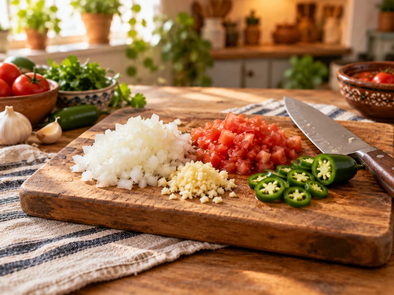 Tabla de madera con cebolla blanca picada, ajo picado, tomate en dados y rodajas de jalapeño, con un cuchillo de chef al lado.