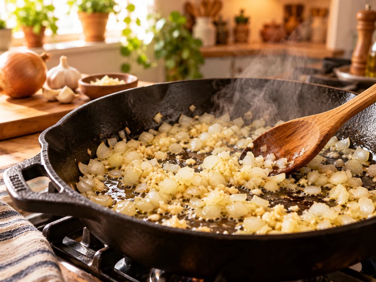 Sartén de hierro con cebolla picada translúcida y ajo sofriéndose en aceite, removidos con una cuchara de madera.