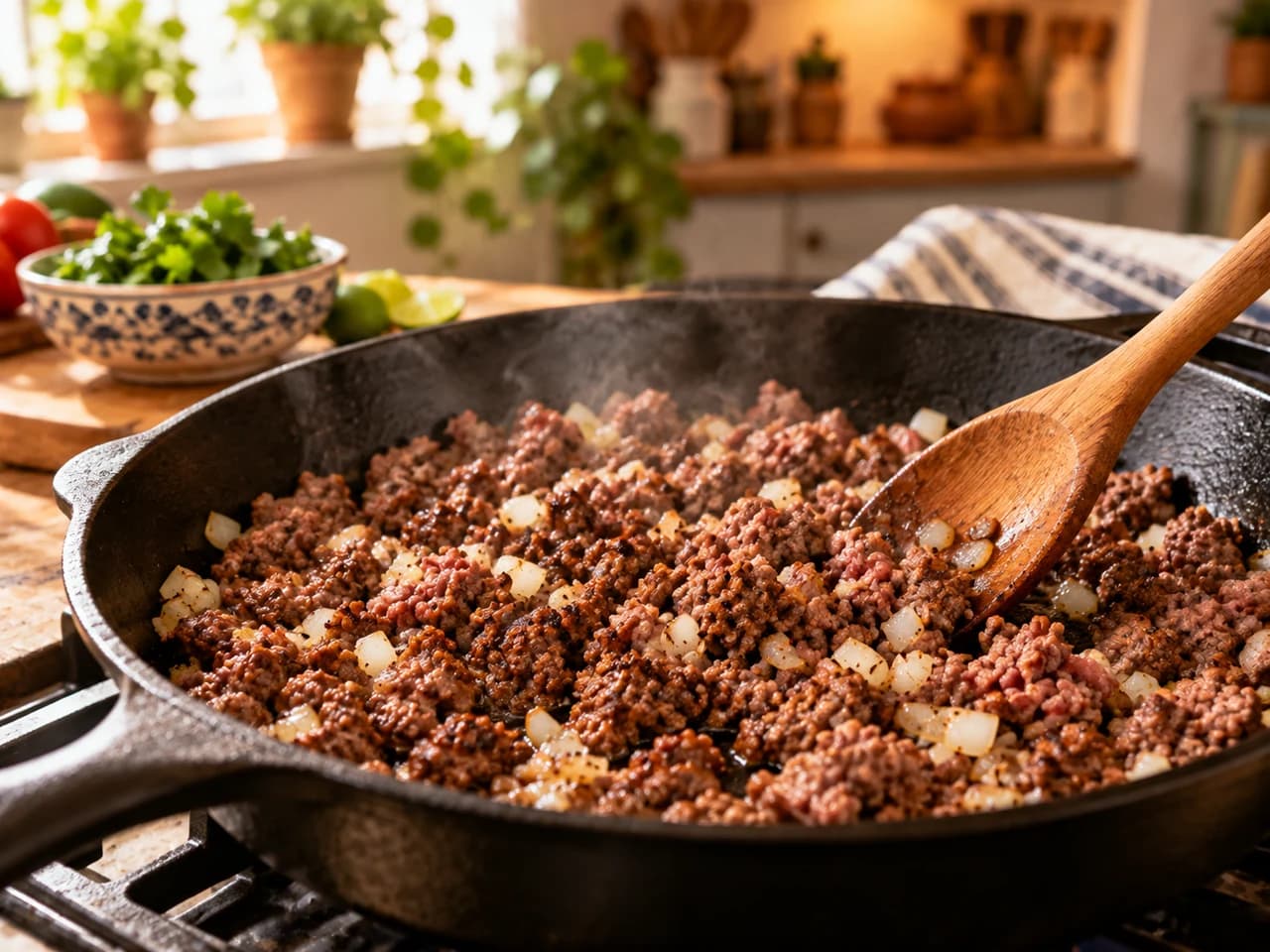 Carne de res molida dorándose en la sartén de hierro con la cebolla, desmenuzada con una cuchara de madera.