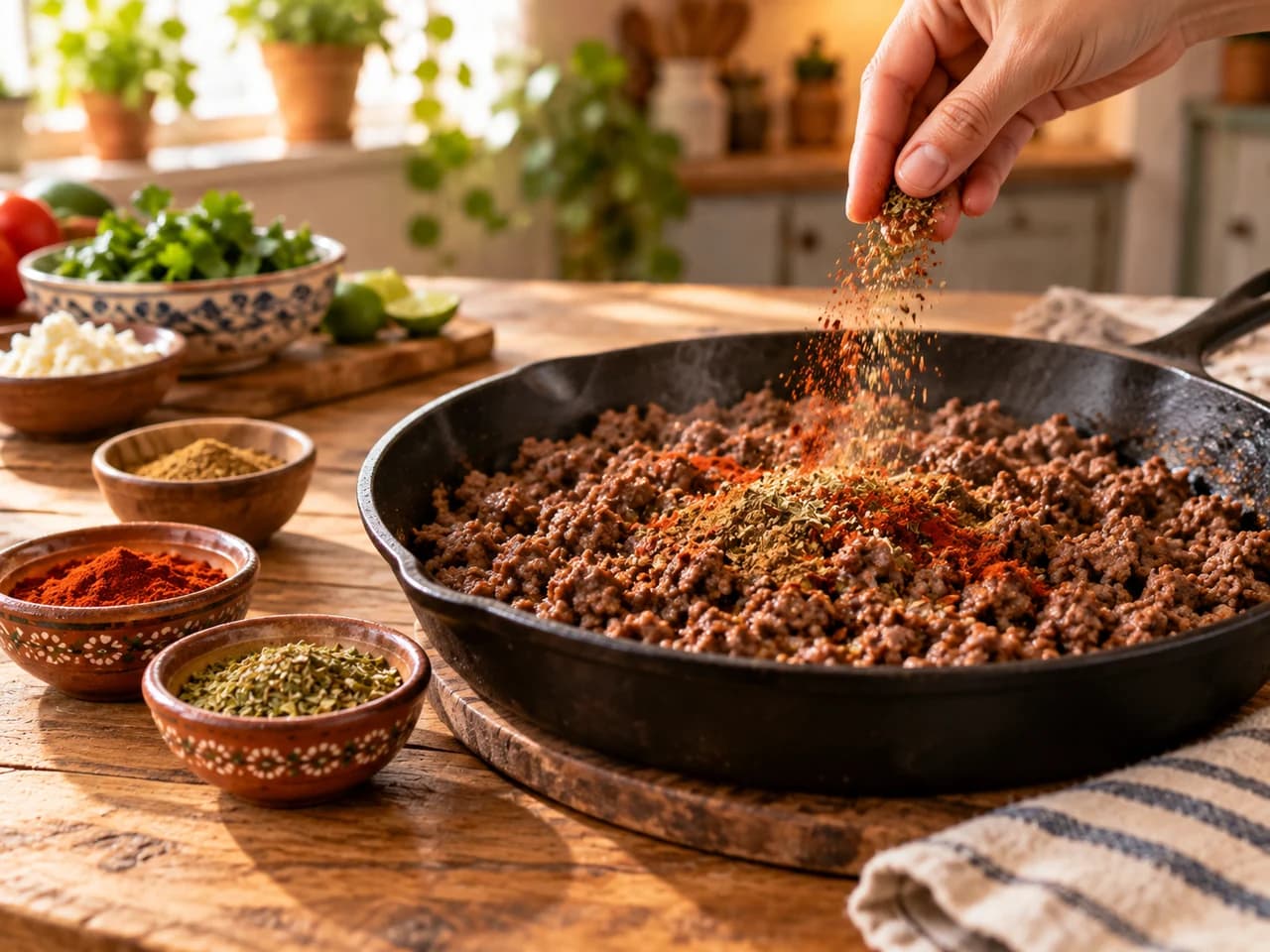 Mano espolvoreando especias rojas y orégano sobre la carne molida en la sartén, con cuencos de especias en la mesa.