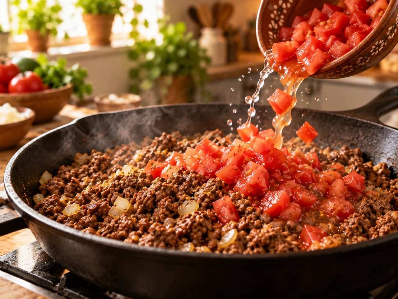 Tomate en dados cayendo de un cuenco sobre la carne molida sazonada en la sartén, con algo de jugo y vapor.