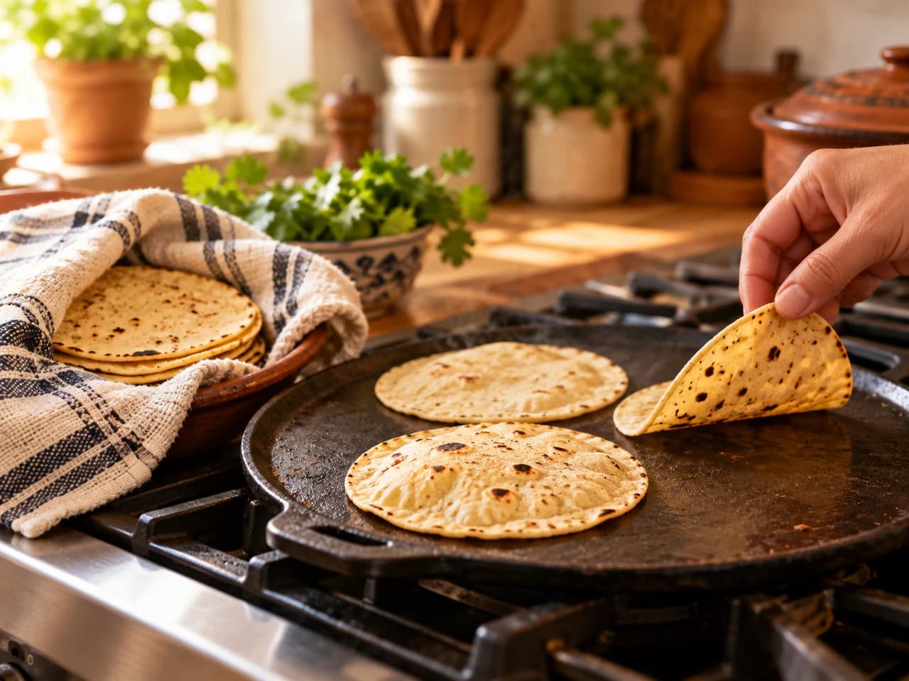 Tortillas de maíz calentándose en un comal de hierro, una mano dándole la vuelta a una, y otras guardadas en un paño de tela.