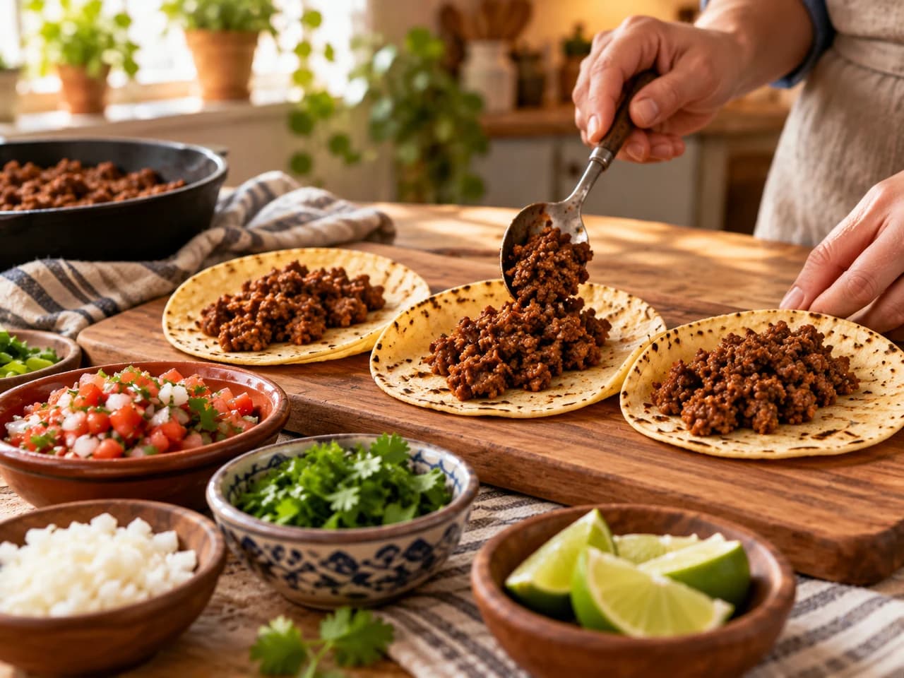 Cuchara rellenando tortillas de maíz con carne molida sobre una tabla, rodeadas de cuencos con pico de gallo, cilantro, cebolla y limón.