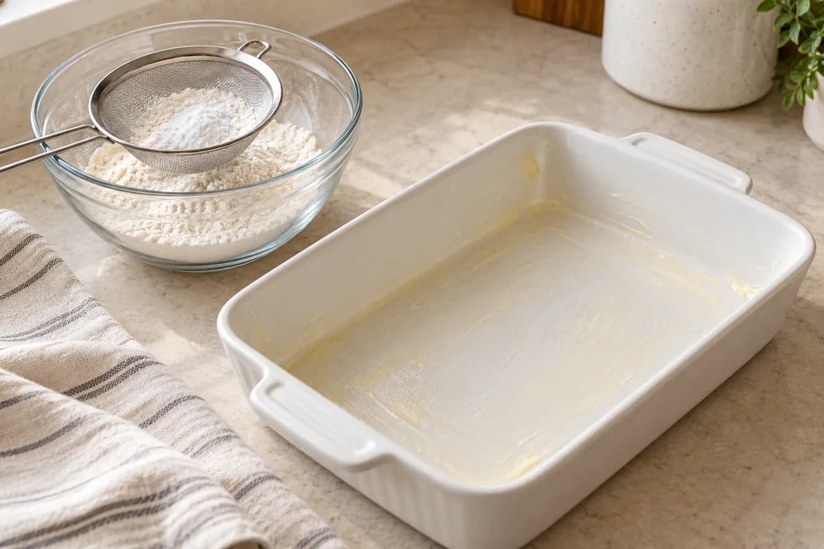 Gâteau aux trois laits et chantilly: Préparer le four, le moule et la farine