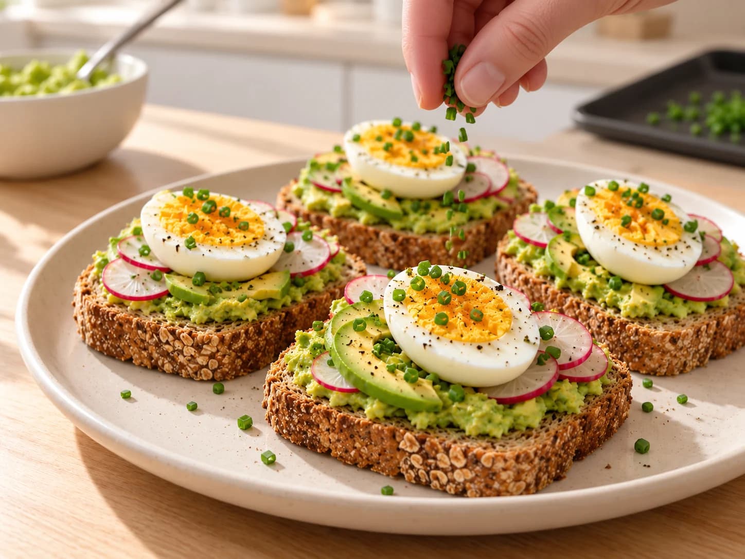 Easy avocado toast with hard-boiled eggs: Assemble and serve