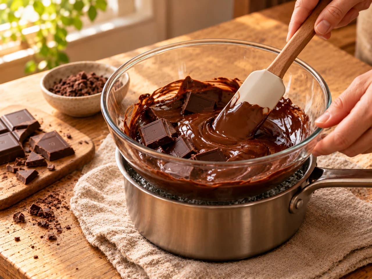 Cuenco de vidrio sobre un cazo con agua caliente con chocolate negro derritiéndose, removido con una espátula de silicona.