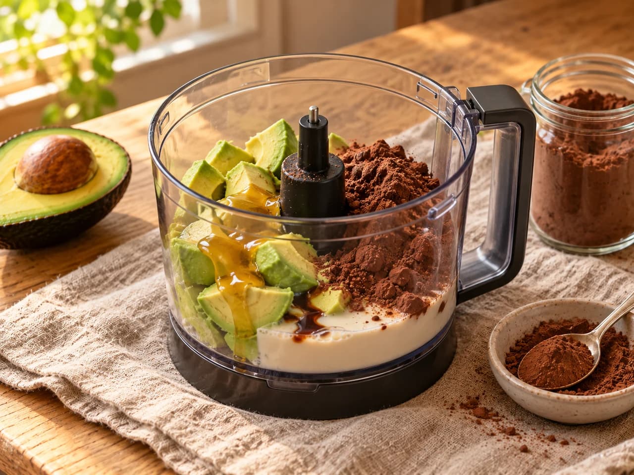 Procesador de alimentos con trozos de aguacate, cacao en polvo, miel y leche antes de triturar, junto al bote de cacao y una cuchara.