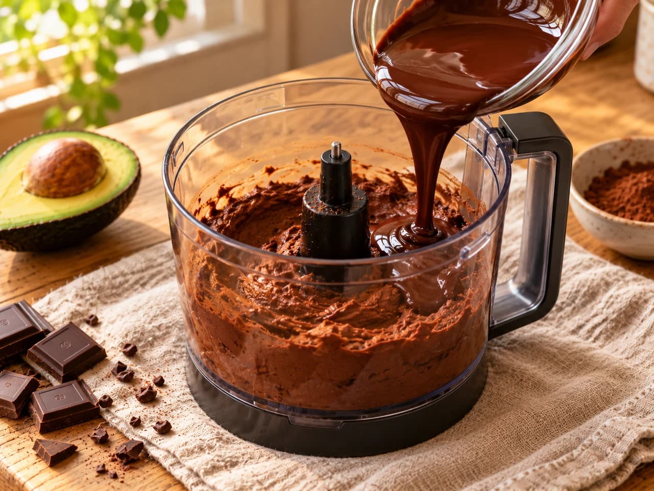 Chocolate derretido cayendo desde un cuenco al procesador sobre la mezcla de aguacate y cacao ya triturada.