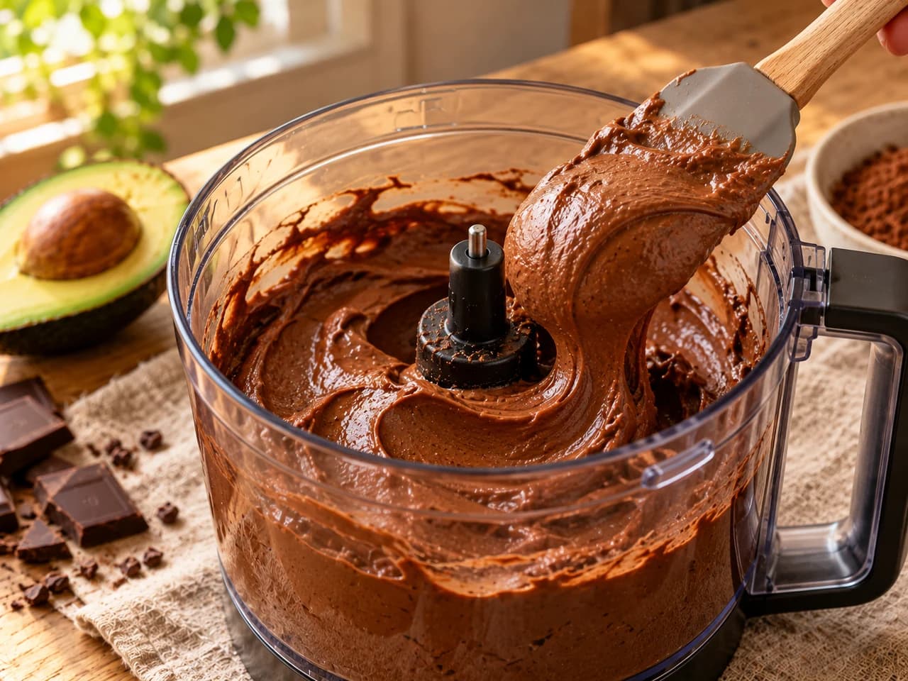 Espátula levantando una porción de mousse de chocolate lisa, espesa y brillante dentro del vaso del procesador.