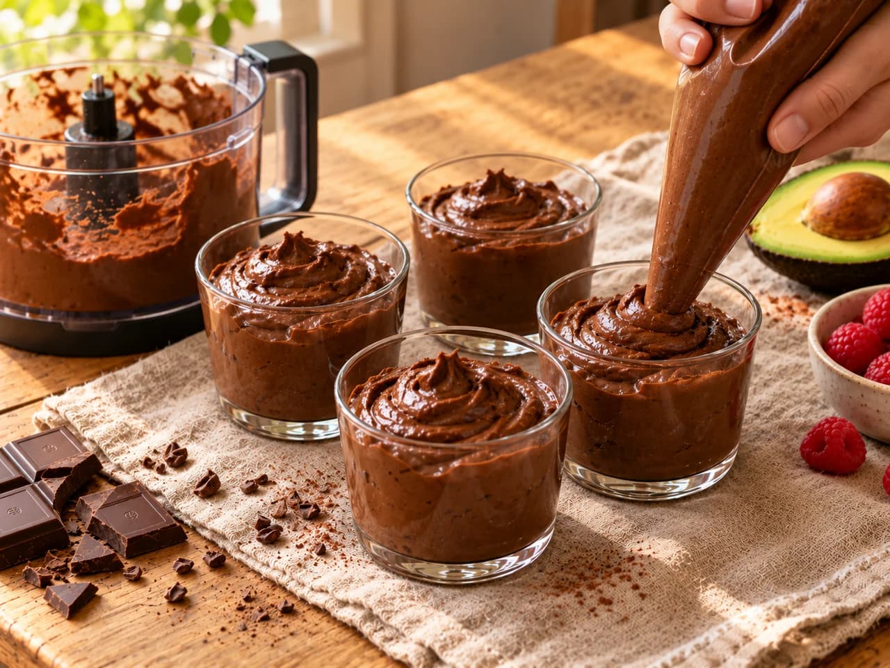 Mano llenando cuatro vasitos de vidrio con mousse de chocolate usando una manga pastelera.