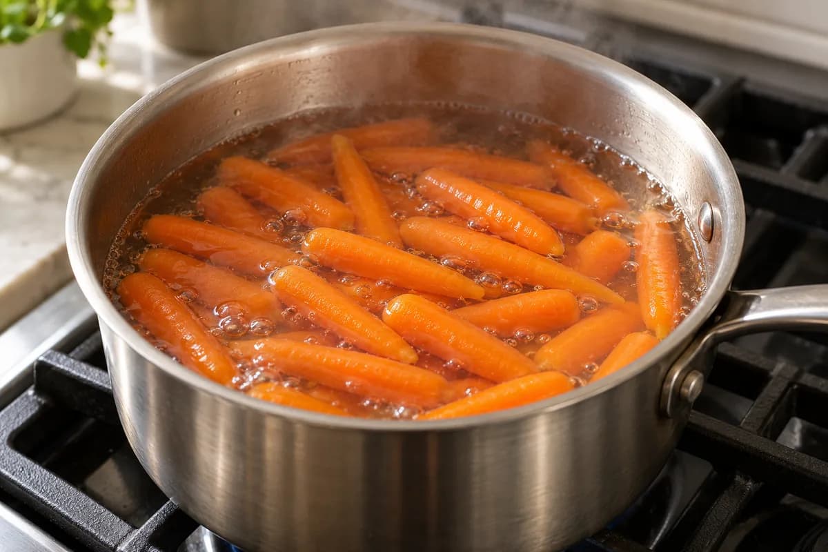 Cenouras glaceadas com mel e gengibre: Cozinhe e escorra as cenouras