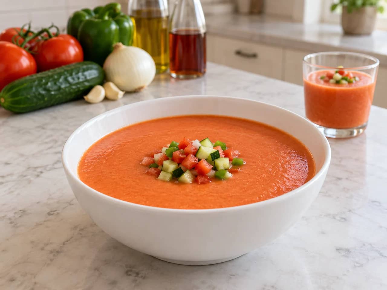 Imagem de Gazpacho tradicional espanhol com legumes e pão