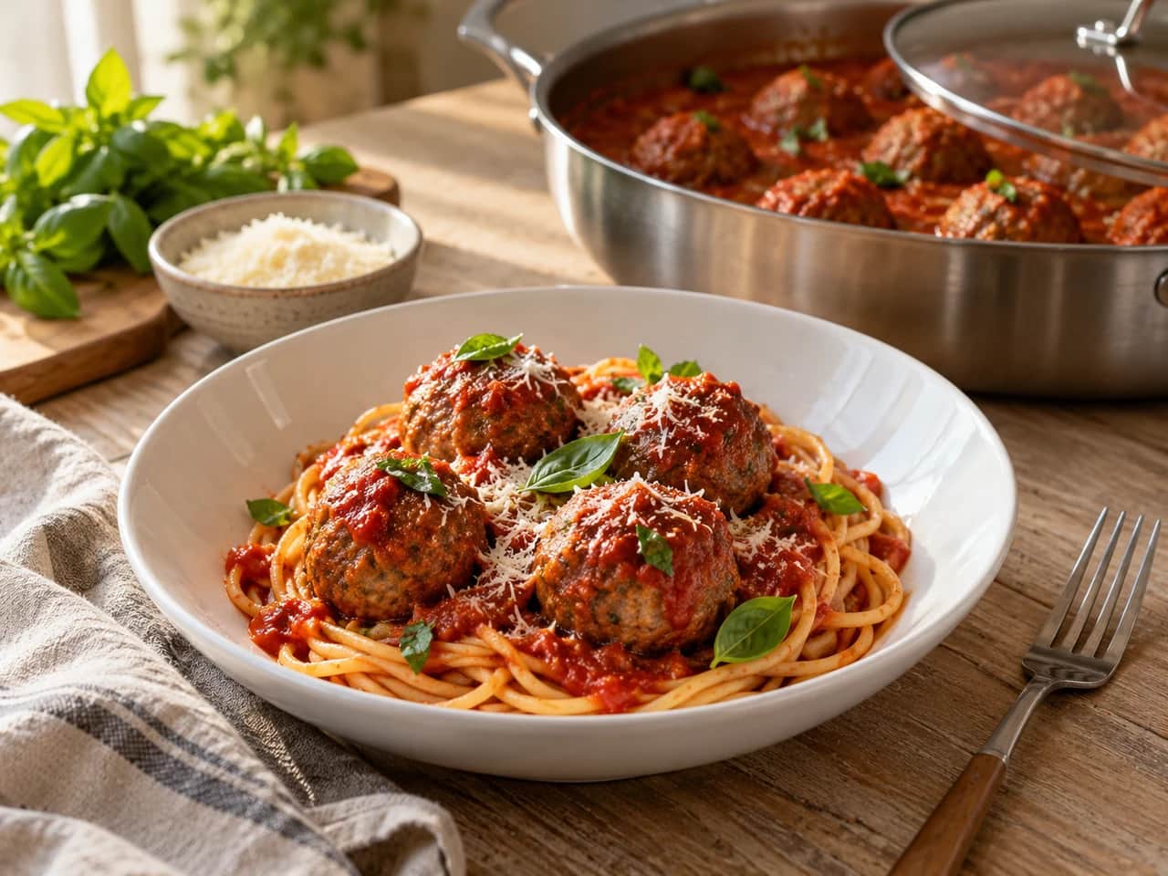 Imagen de Pasta con salsa de tomate y albóndigas caseras