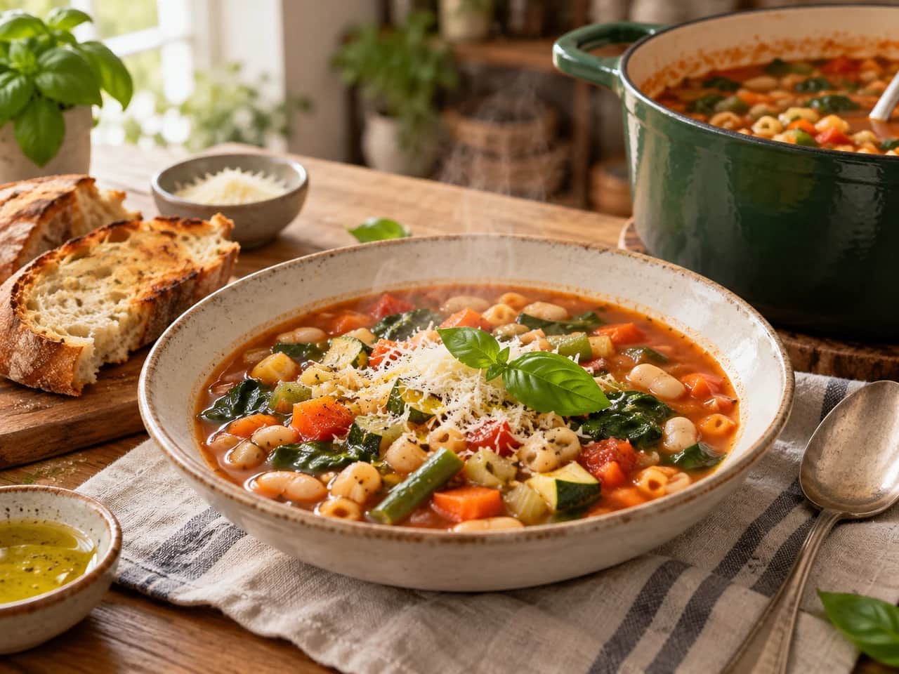 Imagen de Sopa minestrone saludable: receta italiana de verduras, alubias y pasta