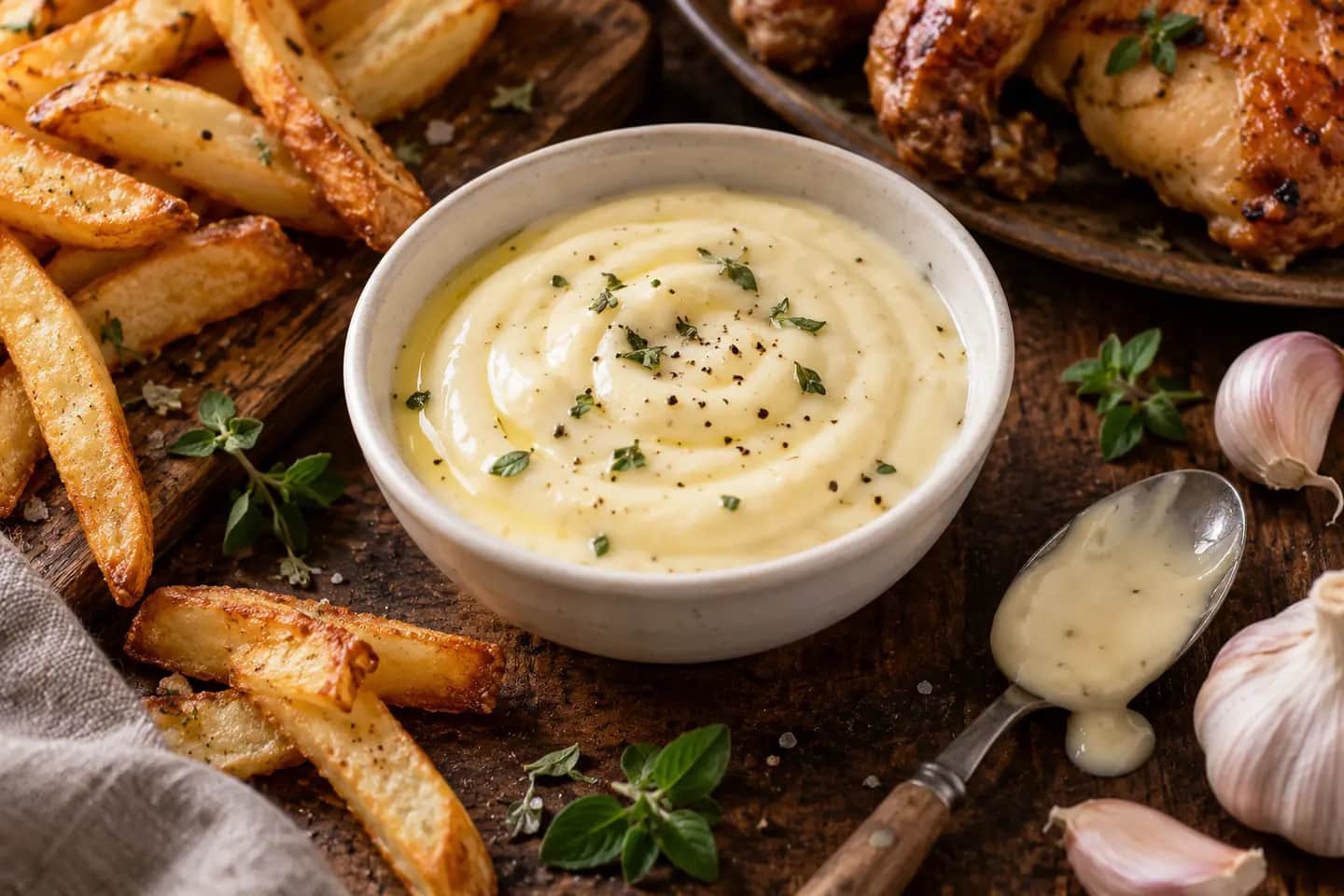 Imagen de Salsa de ajo cremosa para pollo asado y patatas