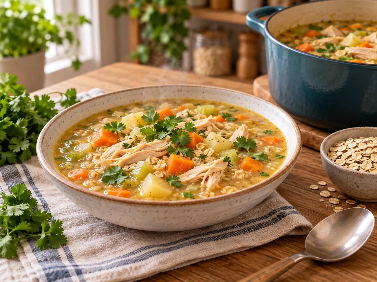 Imagen de Sopa de pollo con verduras y avena, casera y en una sola olla