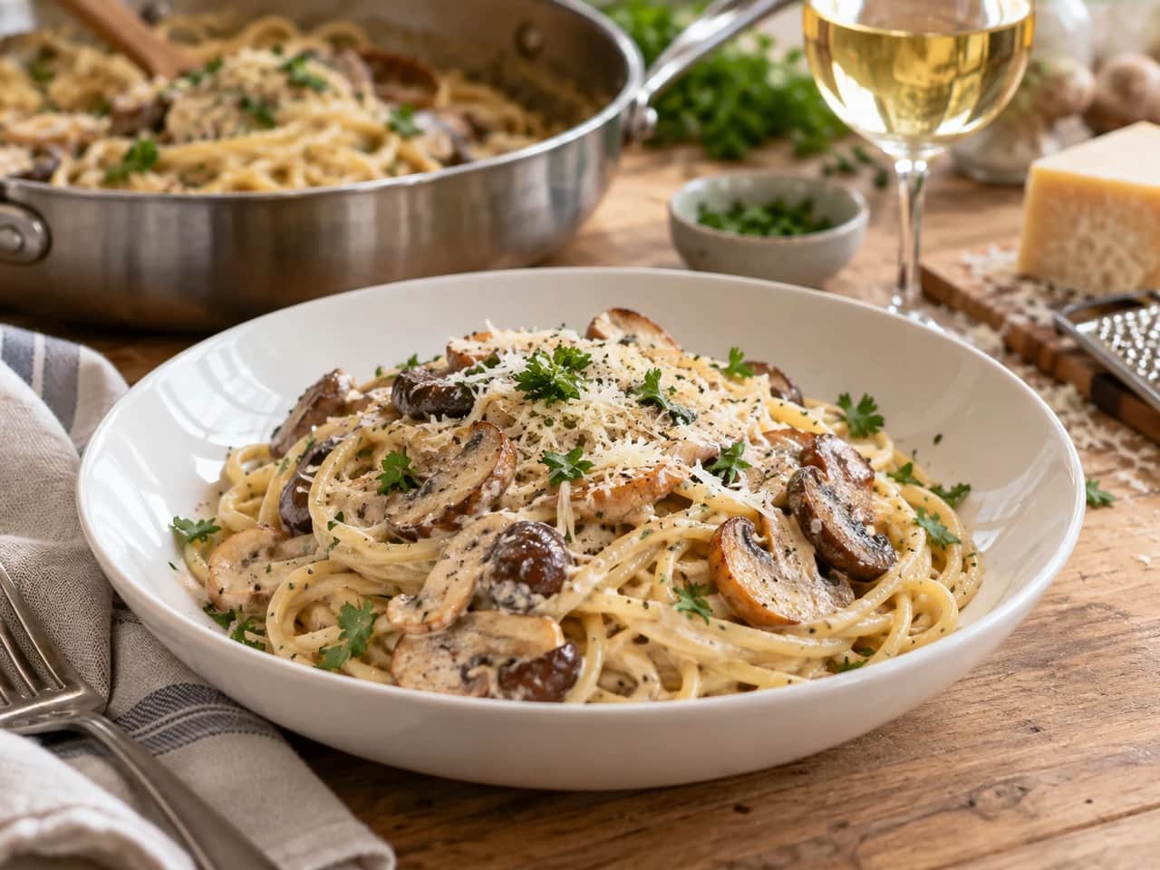 Imagen de Spaghetti con salsa cremosa de champiñones y ajo