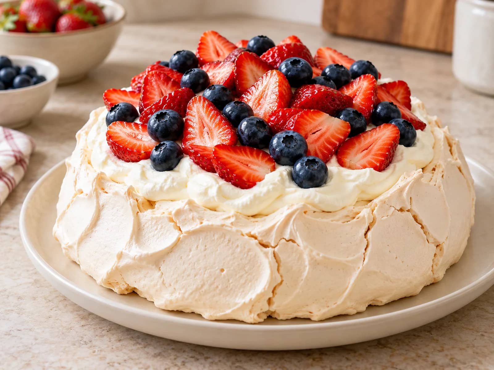 Imagen de Pavlova con frutos rojos: merengue, nata y fruta