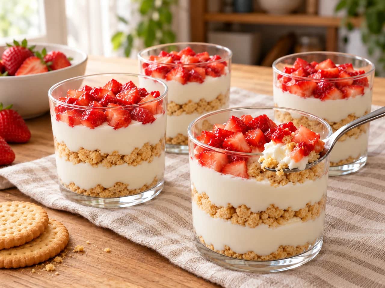 Imagen de Vasitos de yogur con galletas y fresas, sin horno