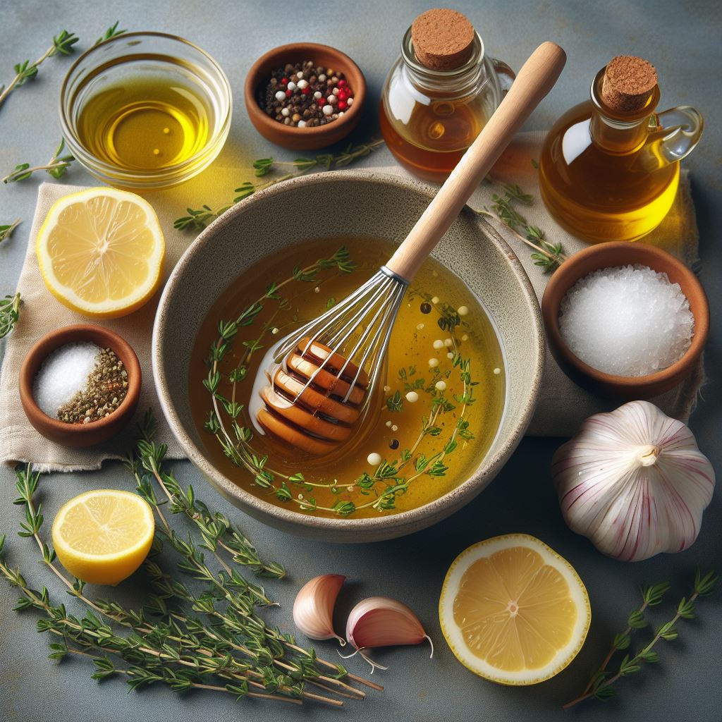 En un bol grande, mezcla la miel, el jugo de limón, el aceite de oliva, el ajo picado, el tomillo, la sal y la pimienta.