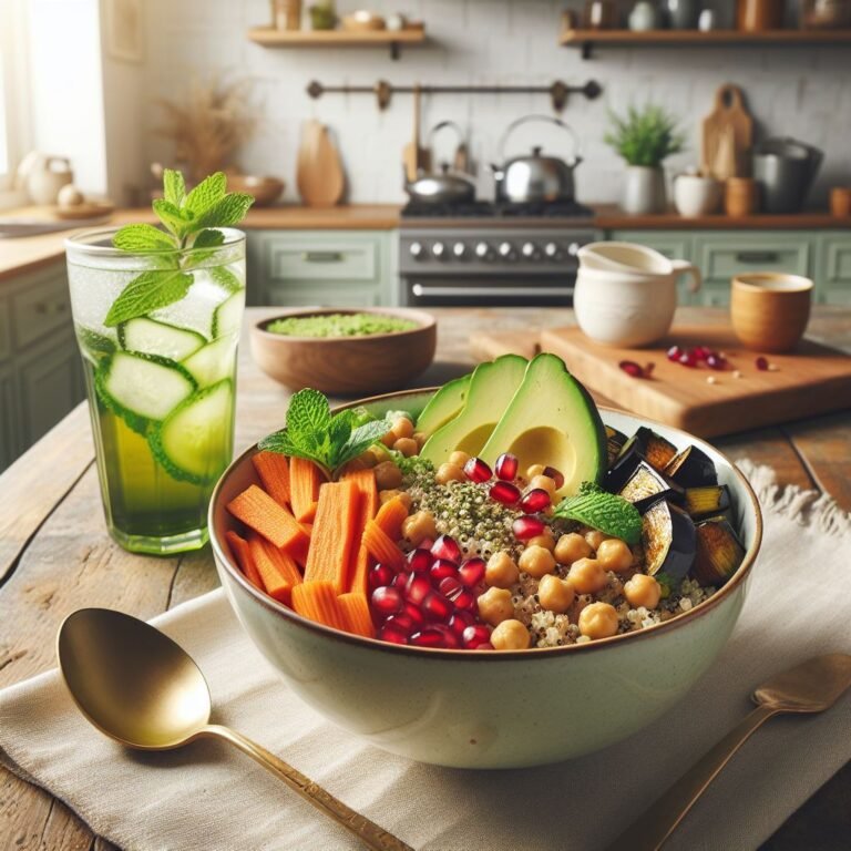 Bol de quinoa aux légumes rôtis accompagné de limonade