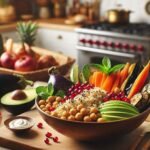 Quinoa-Kichererbsen-Bowl mit Tahini und geröstetem Gemüse