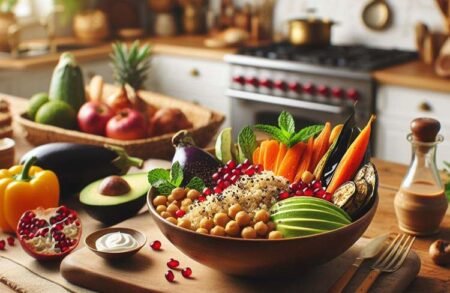 Bowl di quinoa e ceci con Tahini e verdure arrostite