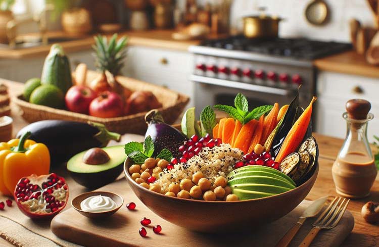 Bowl de Quinoa y Garbanzos con Tahini y Verduras Asadas